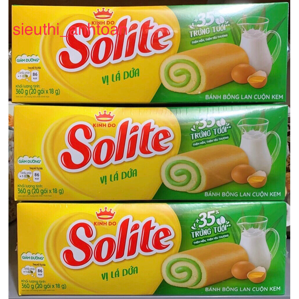 Bánh bông lan cuộn kem Solite hộp 360g Kinh Đô vị lá dứa