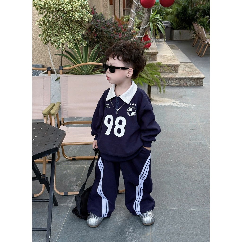 Set bộ nỉ thu đông cổ bẻ khóa ngực phối kẻ sọc thể thao cho bé trai Size 9-35kg , chất nỉ mềm mịn ấm áp ( L98 )