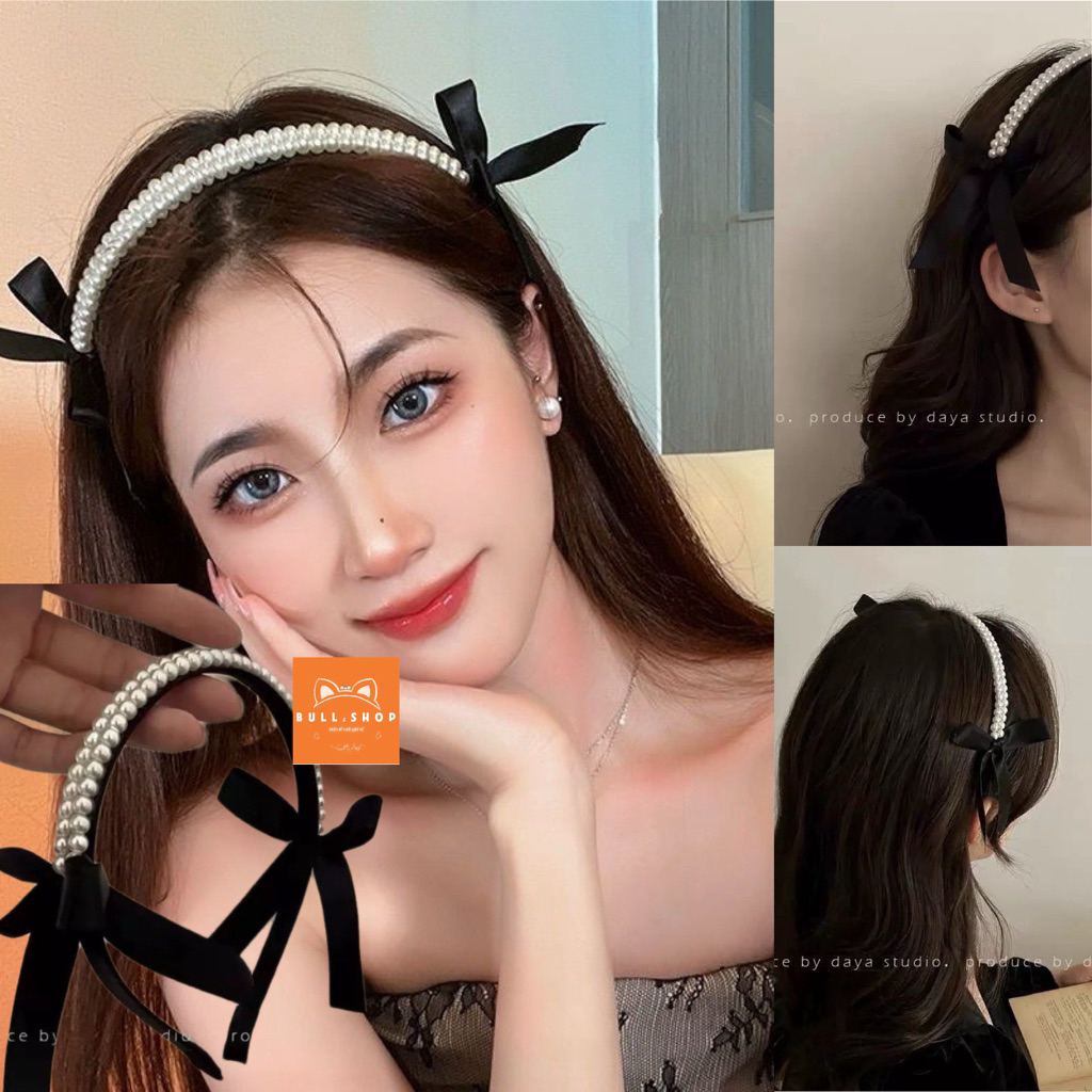 CK12 Cài tóc nữ băng đô bờm tóc đính đá trắng nơ đen