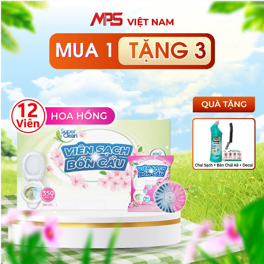 Combo 12 Viên Sạch Bồn Cầu Hoa Hồng Super Clean Tặng 1 Chai Tẩy Bồn Cầu Super Clean Với Hương Thơm T