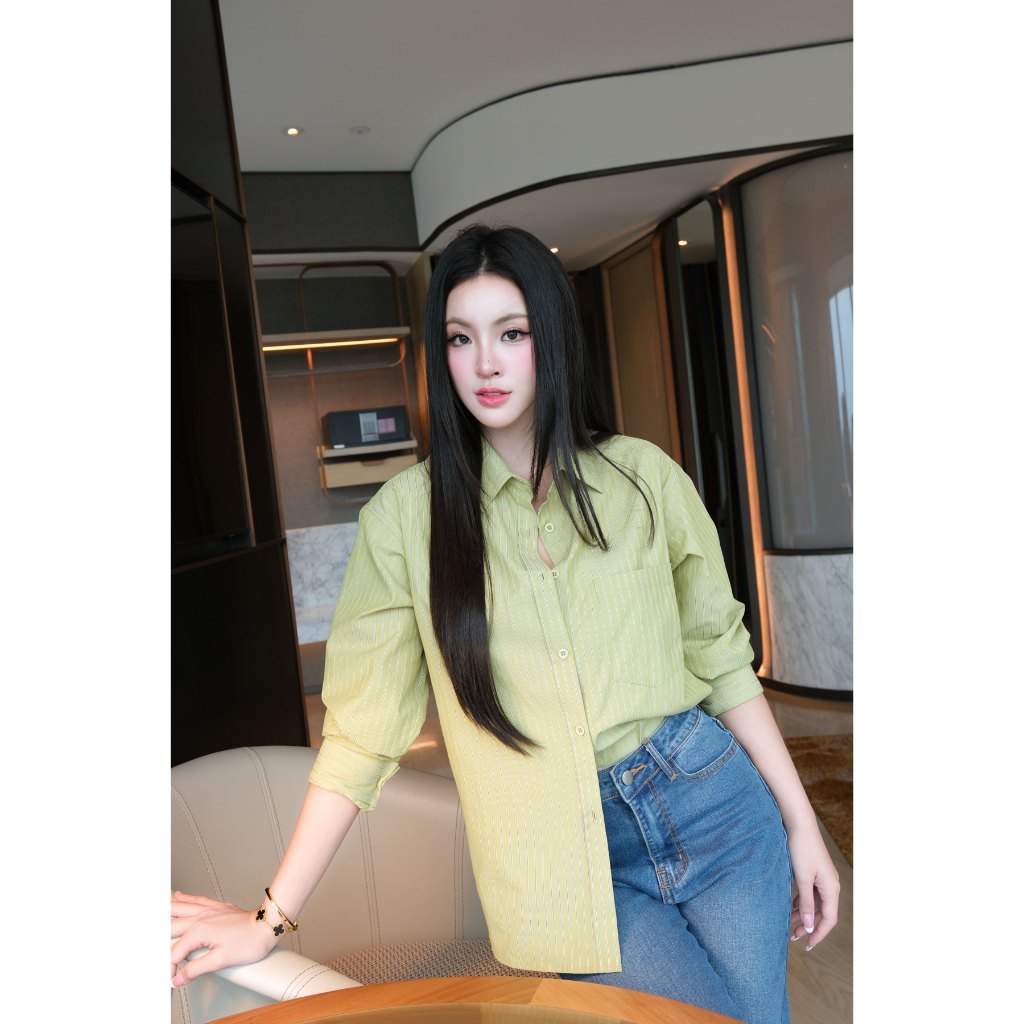 Áo sơ mi sọc nữ GILLEE (nhiều màu) dáng dài phối túi vải cotton cao cấp thoáng mát FAS380 | BigBuy360 - bigbuy360.vn