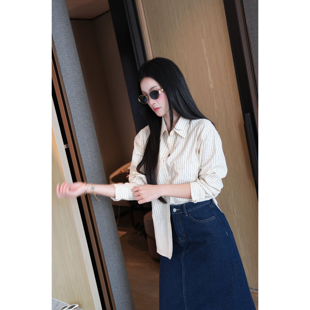 Áo sơ mi sọc nữ GILLEE (nhiều màu) dáng dài phối túi vải cotton cao cấp thoáng mát FAS380 | BigBuy360 - bigbuy360.vn