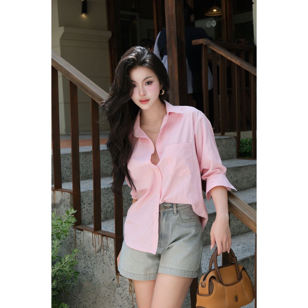 Áo sơ mi sọc nữ GILLEE (nhiều màu) dáng dài phối túi vải cotton cao cấp thoáng mát FAS380 | BigBuy360 - bigbuy360.vn