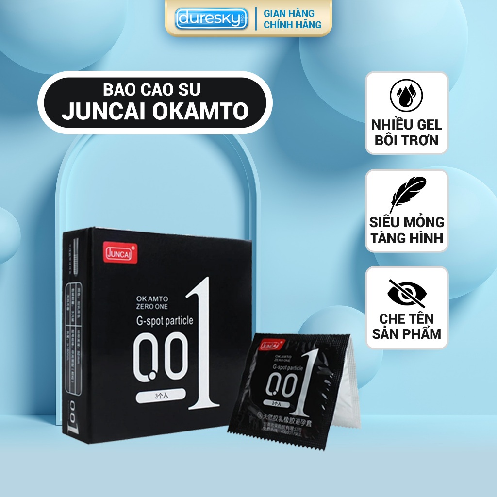 Bao Cao Su Juncai 001 DURESKY Gân Gai Siêu Mỏng Siêu Trơn Kéo Dài Thời Gian, Size 52.2mm, Hộp 3 Bao