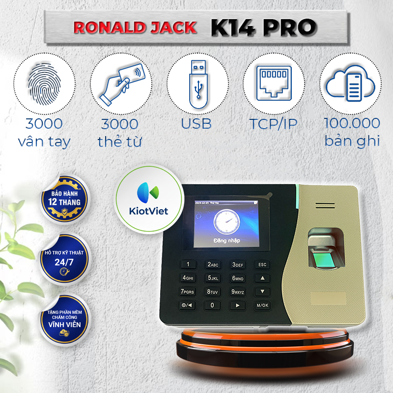 Máy Chấm Công Vân Tay Ronald Jack K14 PRO / Kết Nối WIFI, TCP/IP, USB, Xuất File Excel, Bảo Hành 12 