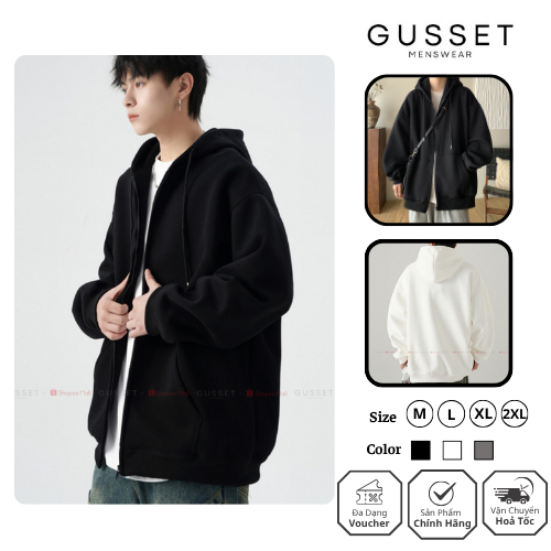  Áo Khoác Hoodie Zip Nam Nữ GUSSET NI05 Chất Liệu Nỉ Bông Dáng Oversize Thoải Mái Ấm Áp 