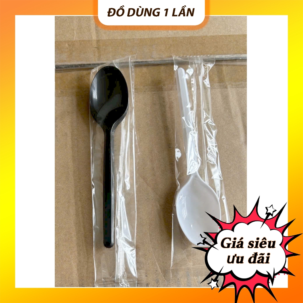 (Combo 50-100) Muỗng trắng, đen, muỗng bọc màng từng cái, muỗng trà sữa, muỗng nhựa dùng một lần
