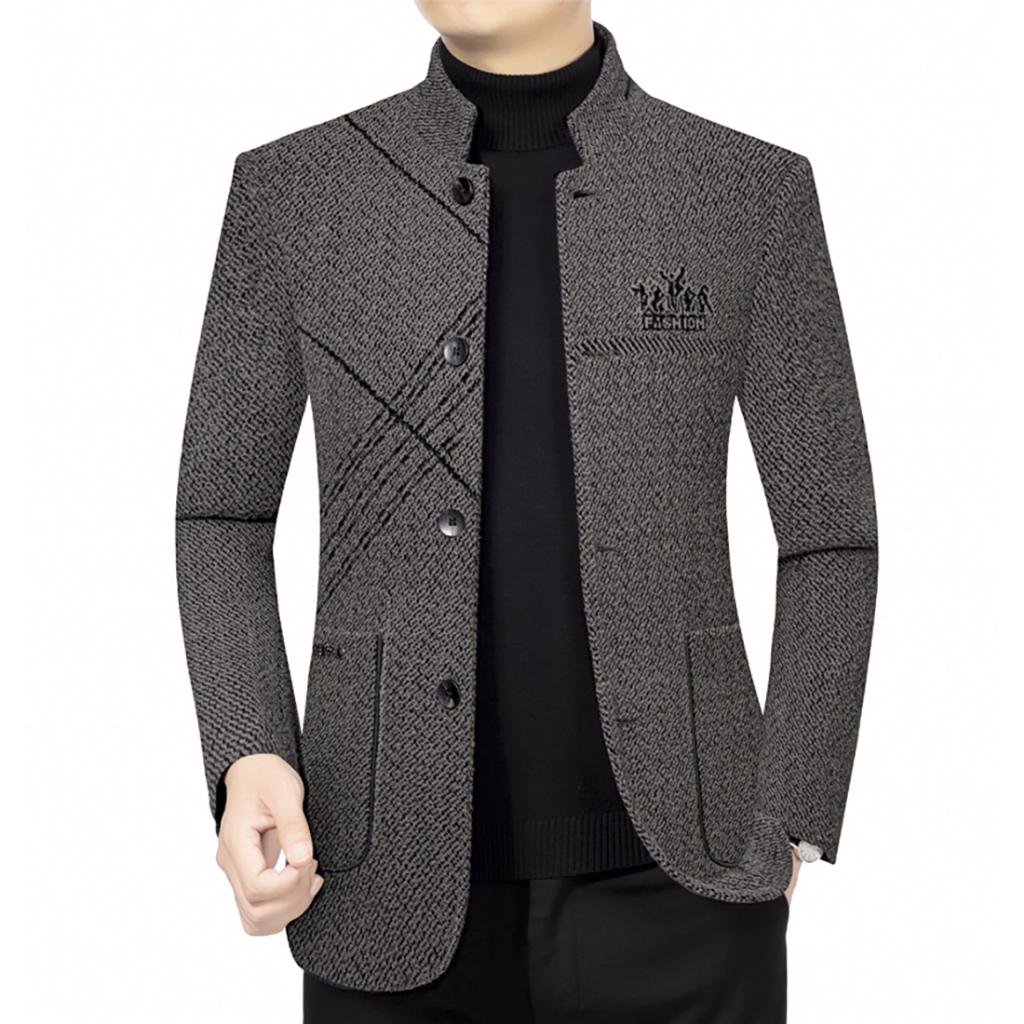 Áo Khoác Nam Trung Niên Cao Cấp Nhập Quảng Châu Nỉ Dạ Lót Bông Trần Cài Cúc Cổ Đứng 2 Màu Xanh Đen,N