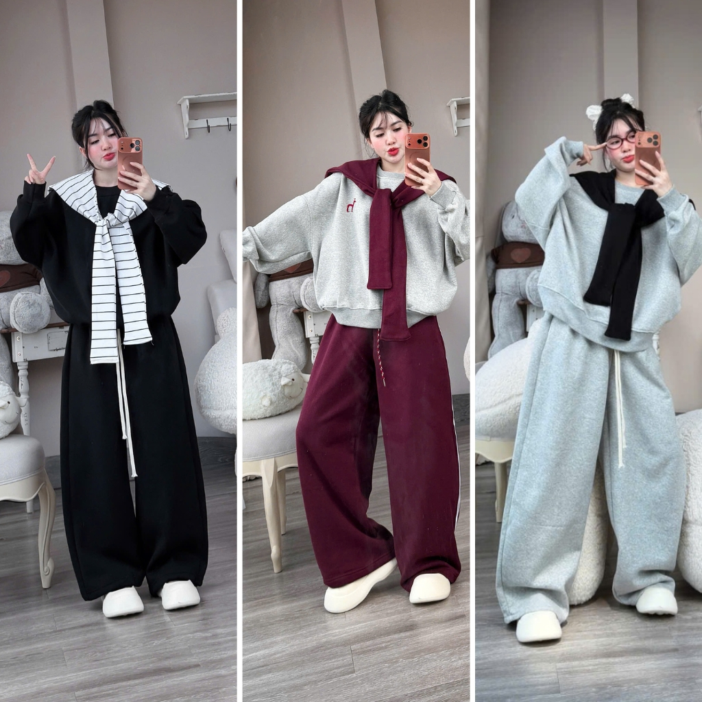 (MẪU MỚI ) Sét bộ nỉ áo cổ tròn phối quần suông trơn 3 chi tiết xám sọc đỏ ( áo + quần + khăn ) unis