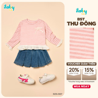  Mix set bé gái ILABY áo dài tay và quần váy jean thiết kế áo kẻ lưới phối tơ thêu nơ quần váy xếp ly  3639 + 3697  