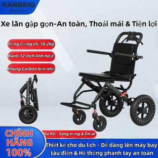 【SIÊU NHẸ 10.2KG】Xe Lăn Người Già Gập Gọn - Khung Sợi Carbon - Bánh 12 Inch KHÔNG BAO GIỜ XÌ - An Toàn Tuyệt Đối