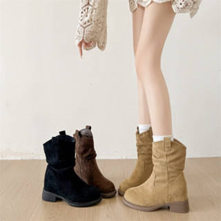  Giày boot nữ da lộn đế thấp bốt nữ cao bồi dưới bắp cổ vát Eudora899 A1404 