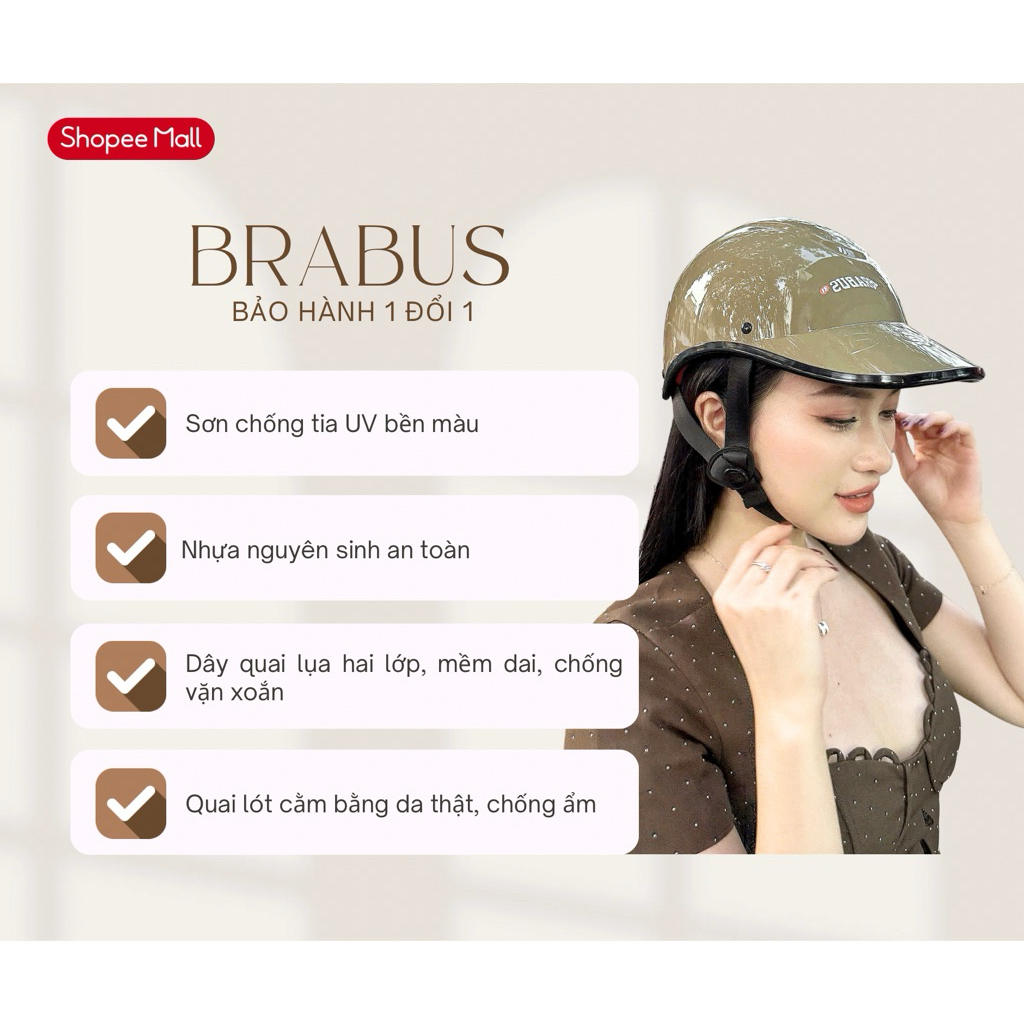 Mũ Bảo Hiểm Brabus Chính Hãng Bản Có Khoét Cho Nữ Màu Vỏ Đỗ 2025