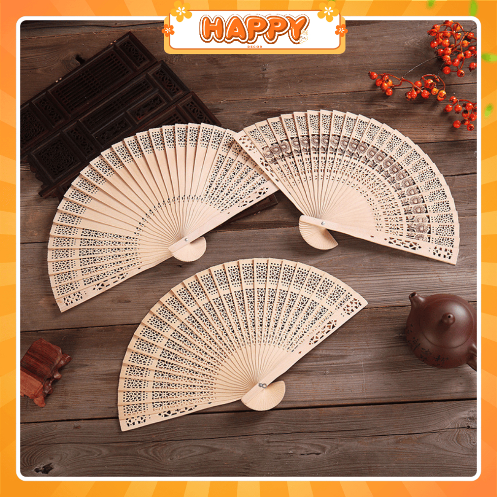 Quạt Gỗ Xòe Hoa Hướng Dương Trang Trí Tết 2025 - Đạo Cụ Chụp Hình, Làm Oản Tài Lộc, Decor Cổ Trang HAPPY DECOR