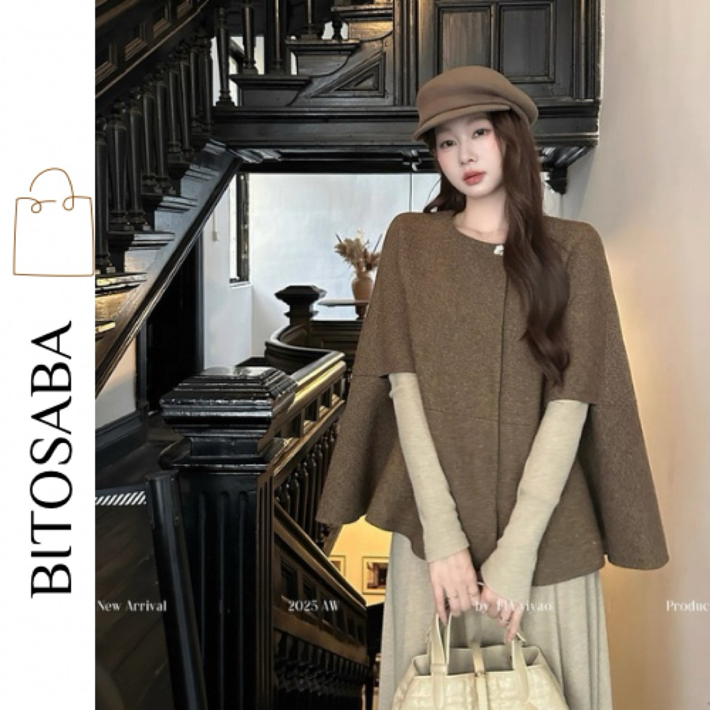 Áo khoác dạ dáng cape không tay nâu vintage( ADK0088)