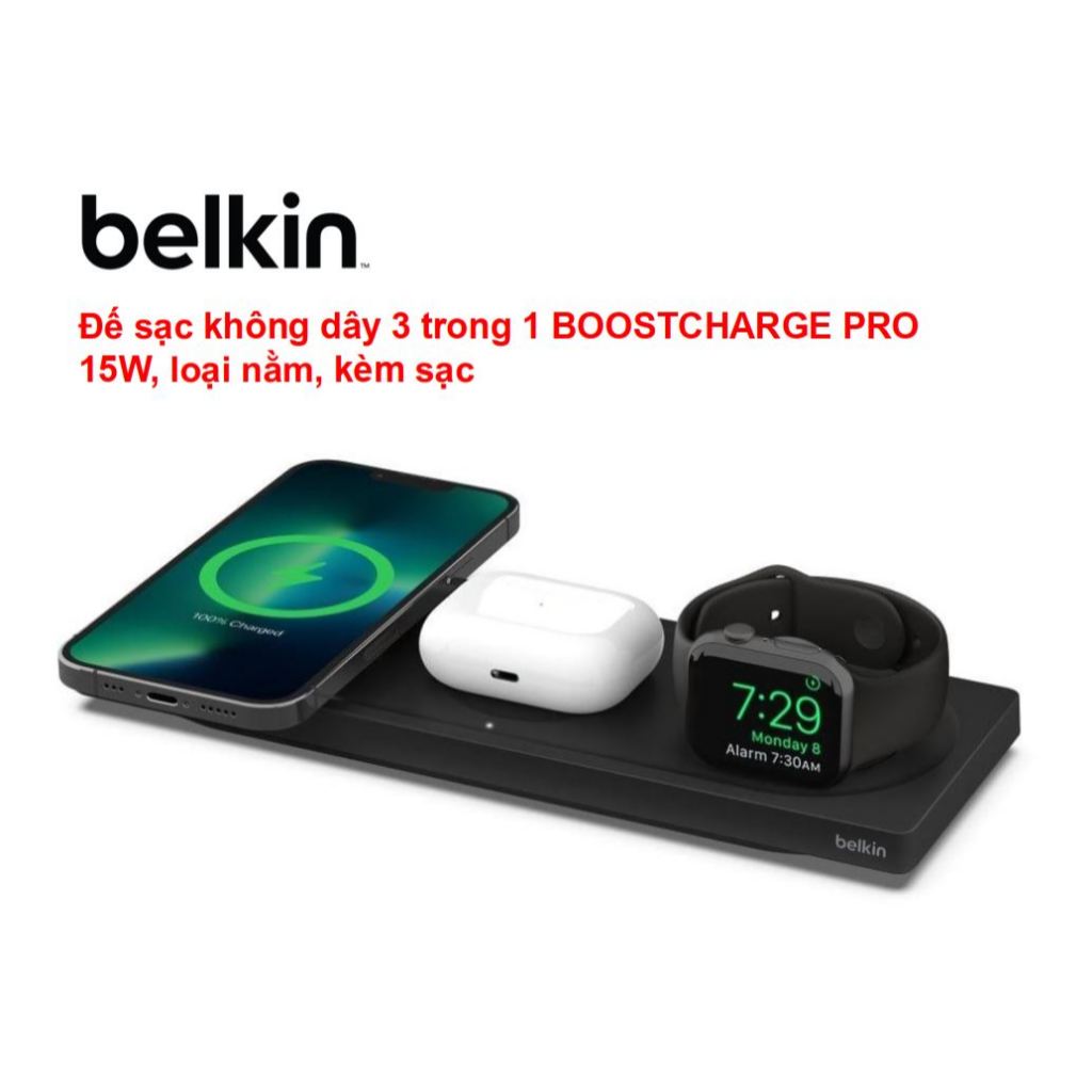[Chính hãng Belkin] Đế sạc không dây 3 trong 1 BOOST↑CHARGE™ PRO Belkin 15W