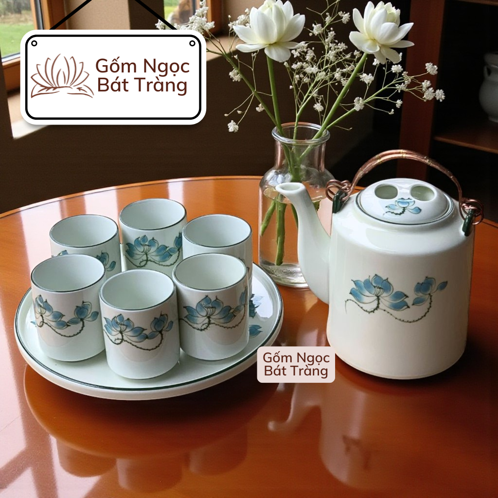 Ấm tích 1,5 lít gốm sứ Bát Tràng BÔNG SEN XANH, ấm tích ủ chè xanh, ấm tích men rạn, ấm tích hãm trà