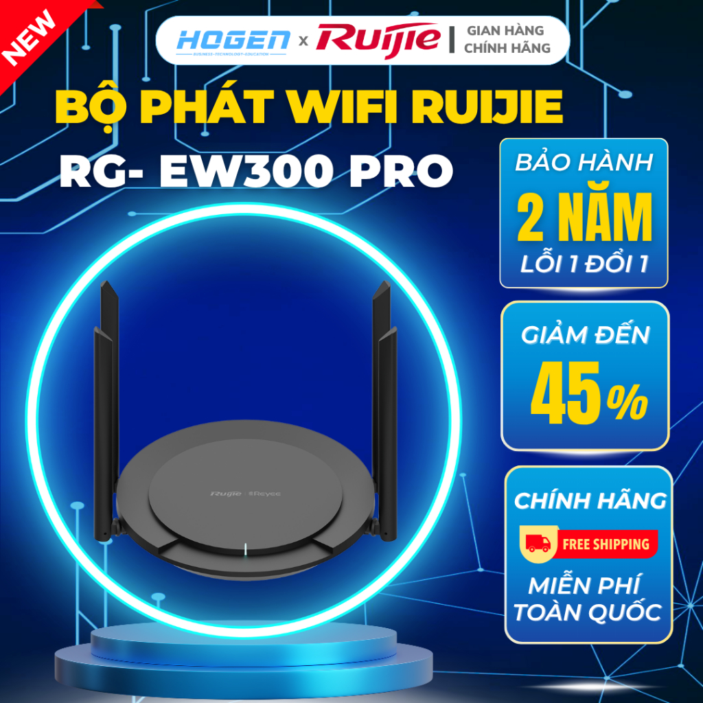 Bộ Phát WiFi 4 Râu , Quản Lý Qua App Ruijie RG-EW300PRO,EW300N, Sóng Wifi Xuyên Tường, BH 24 Tháng