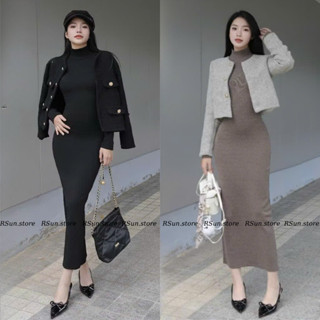  Váy body dài tay cổ 3 phân dáng dài xẻ sau chất len lông thỏ RSun Maxi len ôm body khoá sau 360 