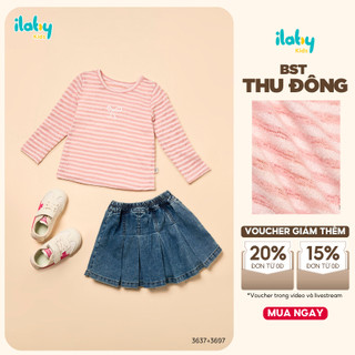  Mix set bé gái ILABY áo kẻ dài tay phối nơ và quần giả váy jean xếp ly dễ thương  3637 + 3697  