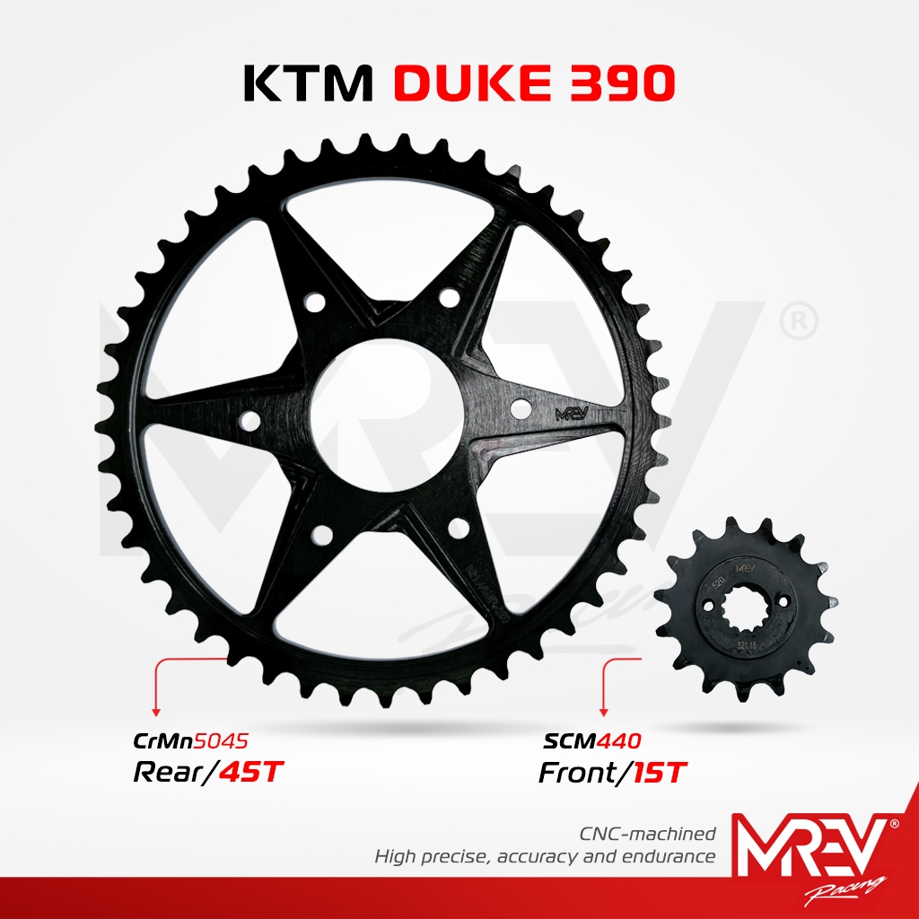 Nhông dĩa MREV Racing cho Duke 390 - Nhông thép 15T, Dĩa thép 45T, 15T-45T-520