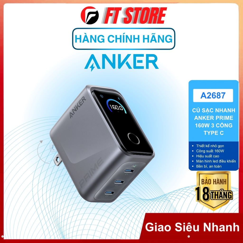 Củ Sạc Nhanh ANKER Prime A2687 160W, 3 cổng Type C, gọn nhẹ, hiệu suất cao, màn hình cảm ứng