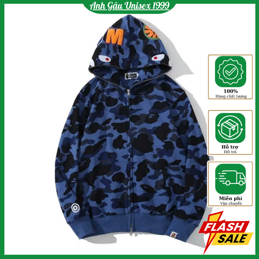 Áo Khoác Mùa Đông BAPE 2 Mũ SIÊU Cấp Cá Mập, Khoác Zip, Ấm Áp