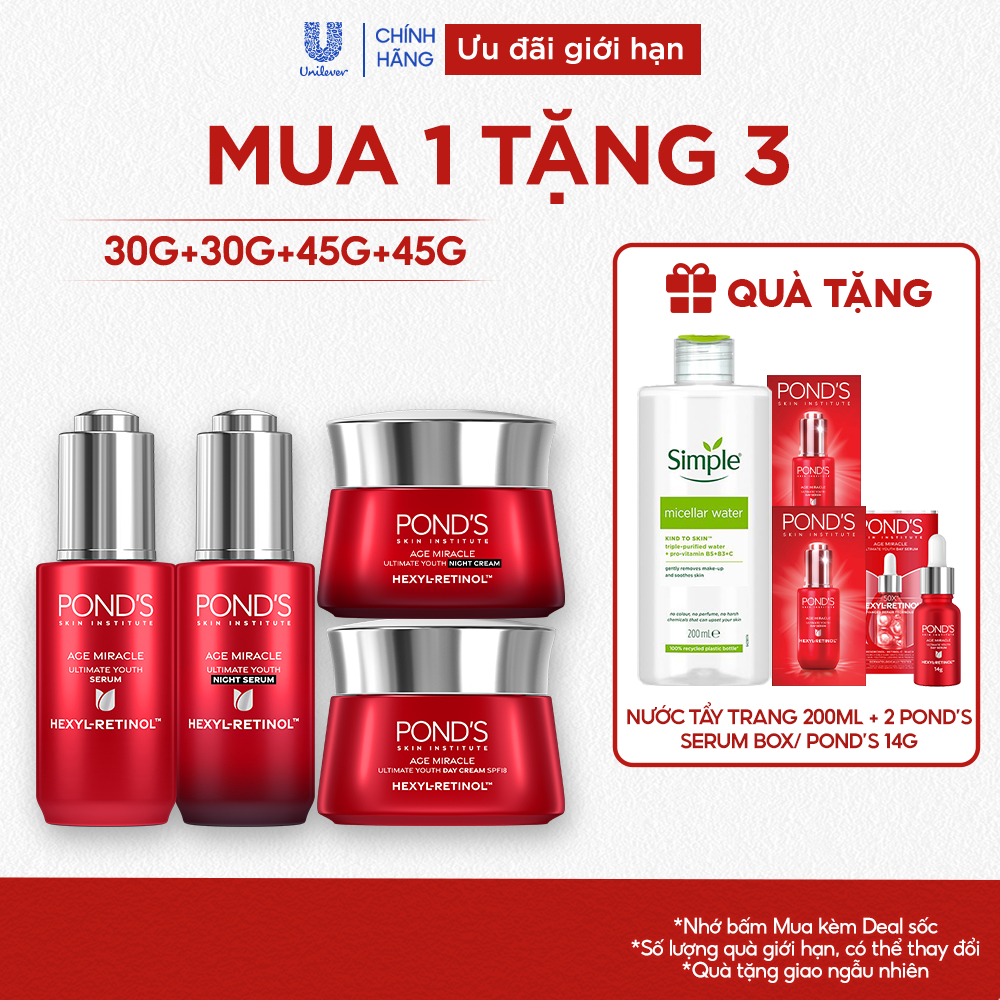 Combo 2 Serum và 2 Kem dưỡng ngày & đêm Pond's Age Miracle mờ đốm nâu, nếp nhăn với 50X Hexyl-Retinol 30G+30G+45G+45G | BigBuy360 - bigbuy360.vn