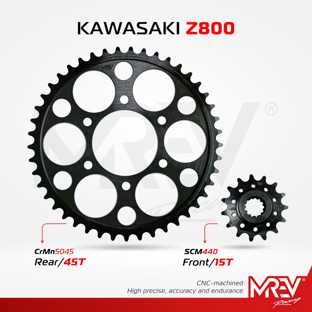 Nhông dĩa MREV Racing cho Z800 - Nhông thép 15T, Dĩa thép 45T, 15T-45T-520