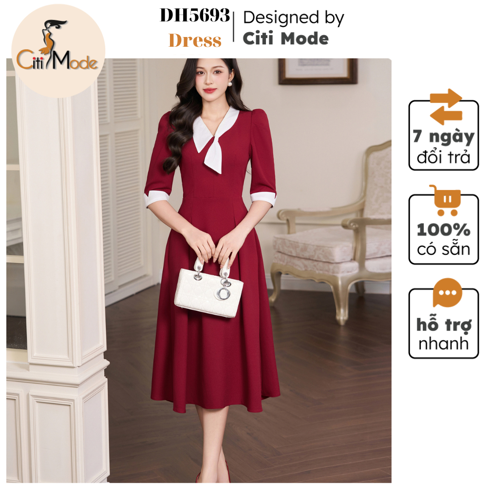 Đầm công sở CITI MODE FASHION thiết kế Đầm xòe đỏ phối cổ trắng tay lỡ DH5693
