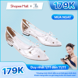  Giày cao gót nữ LUZI bít mũi búp bê lười chất da trong suốt đính đá phối nơ dễ thương M196 