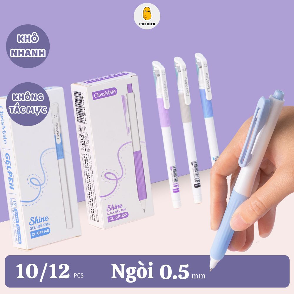[Giảm 5K] Hộp 10/12 Bút Gel Bấm ClassMate Ngòi 0.5mm Có Ruột Thay Thế Viết Gel Mực Xanh Đen Trơn Tru
