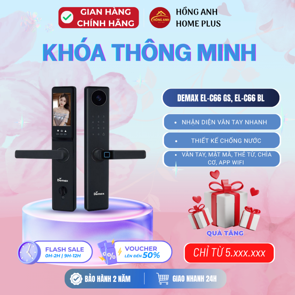 Khóa cửa vân tay Demax EL-C66 GS, EL-C66 BL tích hợp màn hình chuông, mở bằng vân tay, mật mã,...