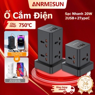  Ổ Cắm Điện Dáng Trụ ANRMESUN 2400W Tích Hợp Cổng USB Type C Sạc Nhanh PD20W Chống Cháy An Toàn Có Cầu Chì Dây 2m 