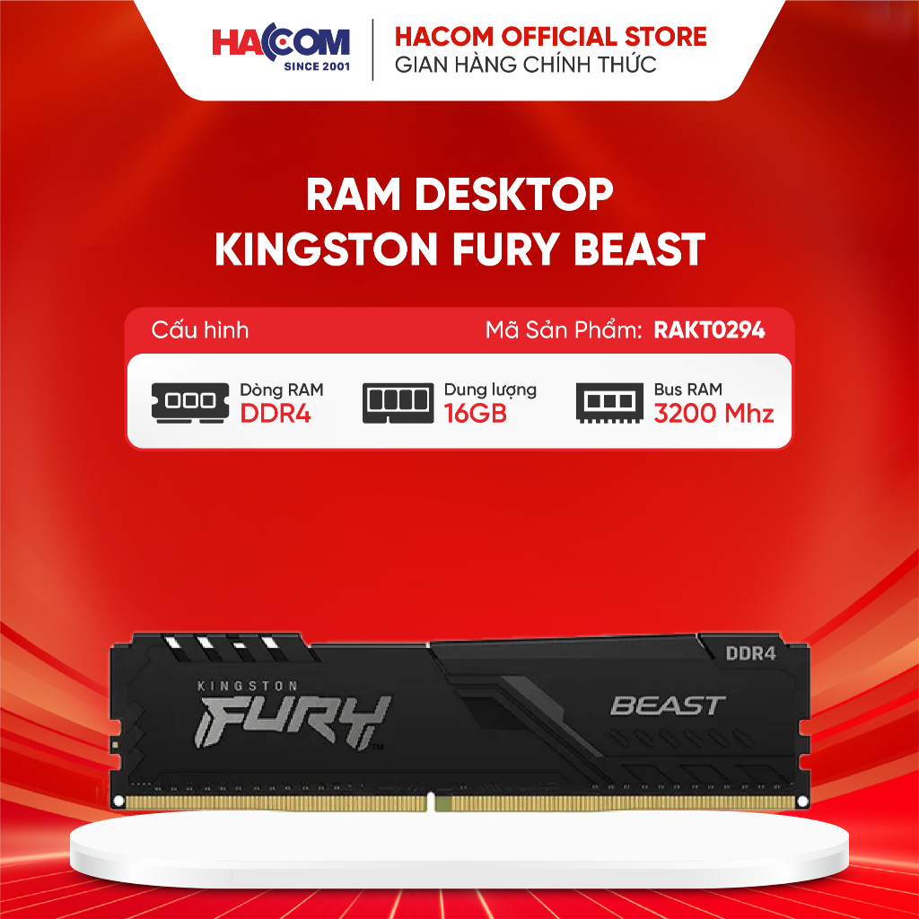 Ram Desktop Kingston Fury Beast (KF432C16BB1/16) 16GB (1x16GB) DDR4 3200Mhz