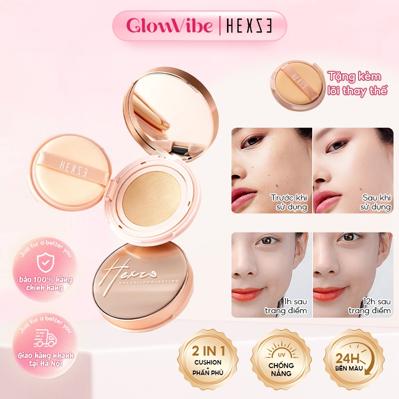HEXZE Phấn nước dưỡng ẩm & chống nắng Che khuyết điểm lâu trôi Đa chức năng Tặng kèm lõi thay thế