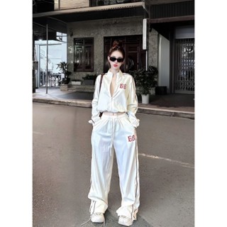  Set bộ cá tính thời trang nữ đi chơi đi làm đều đẹp chất áo dù nhăn cổ tròn khoá kéo tay dài quần lưng thun dây rút dài 