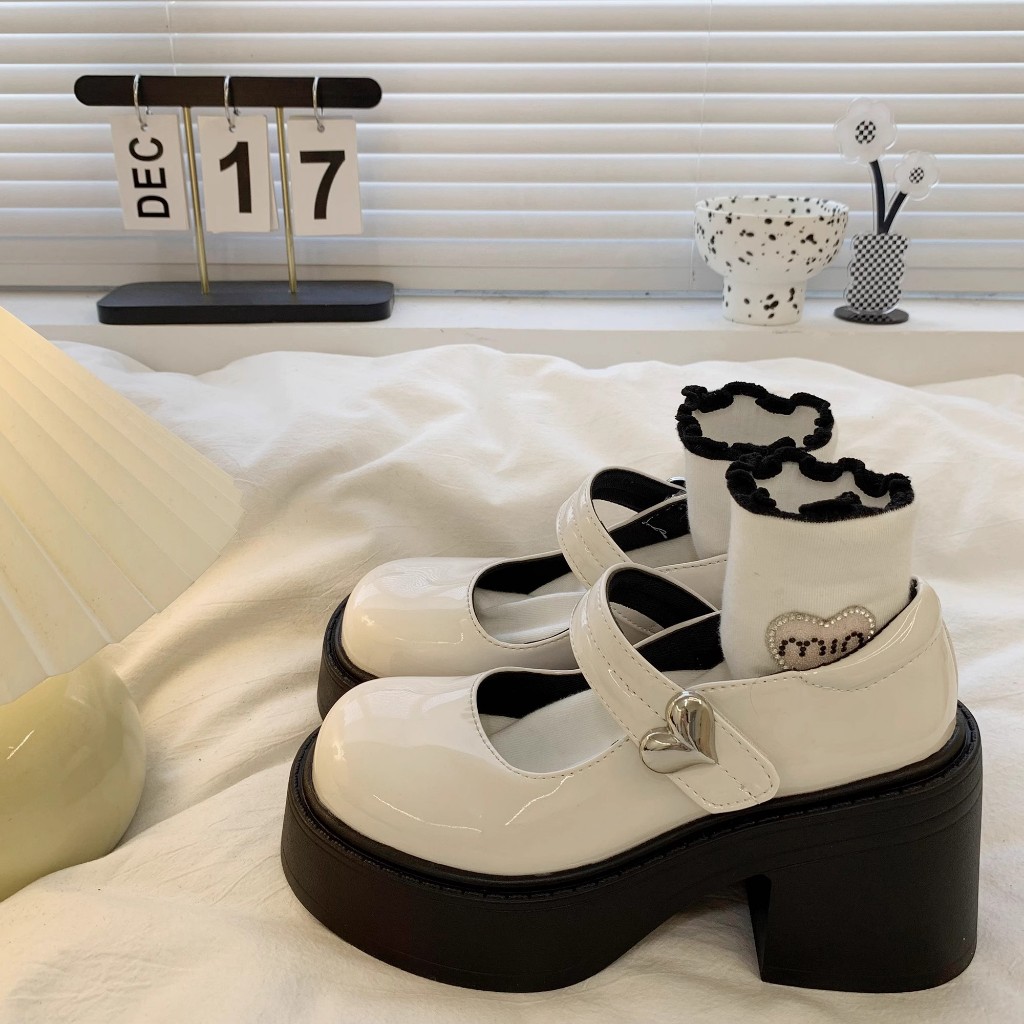 Giày LoLita Búp Bê Nữ Quai Dán Hình Trái Tim Đế Cao 8cm Thời Trang
