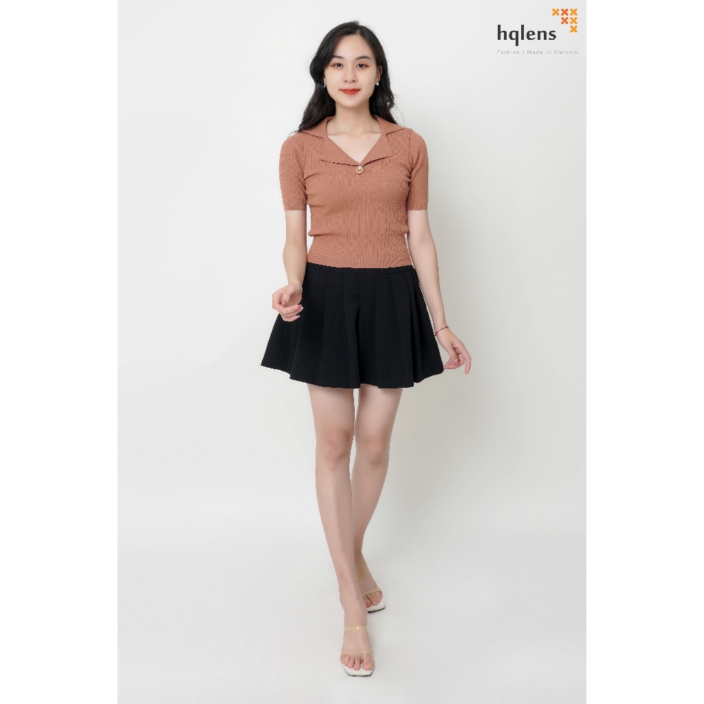 Áo Len Nữ Ngắn Tay Cổ K HQLens – Thiết Kế Dệt Kim Mềm Mịn, Chất Rayon Cao Cấp, Màu Đen Hồng Nâu Size