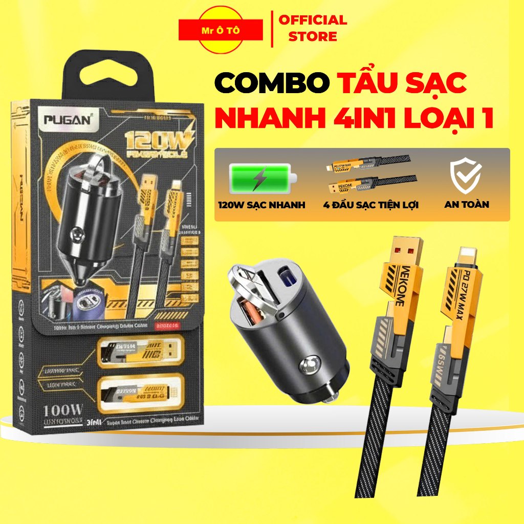 Tẩu Sạc Ô Tô 120W Cao Cấp 4in1 Loại 1 – Hỗ Trợ Sạc Nhanh, Bền Bỉ, An Toàn Cho Chuyến Đi Dài TSN001