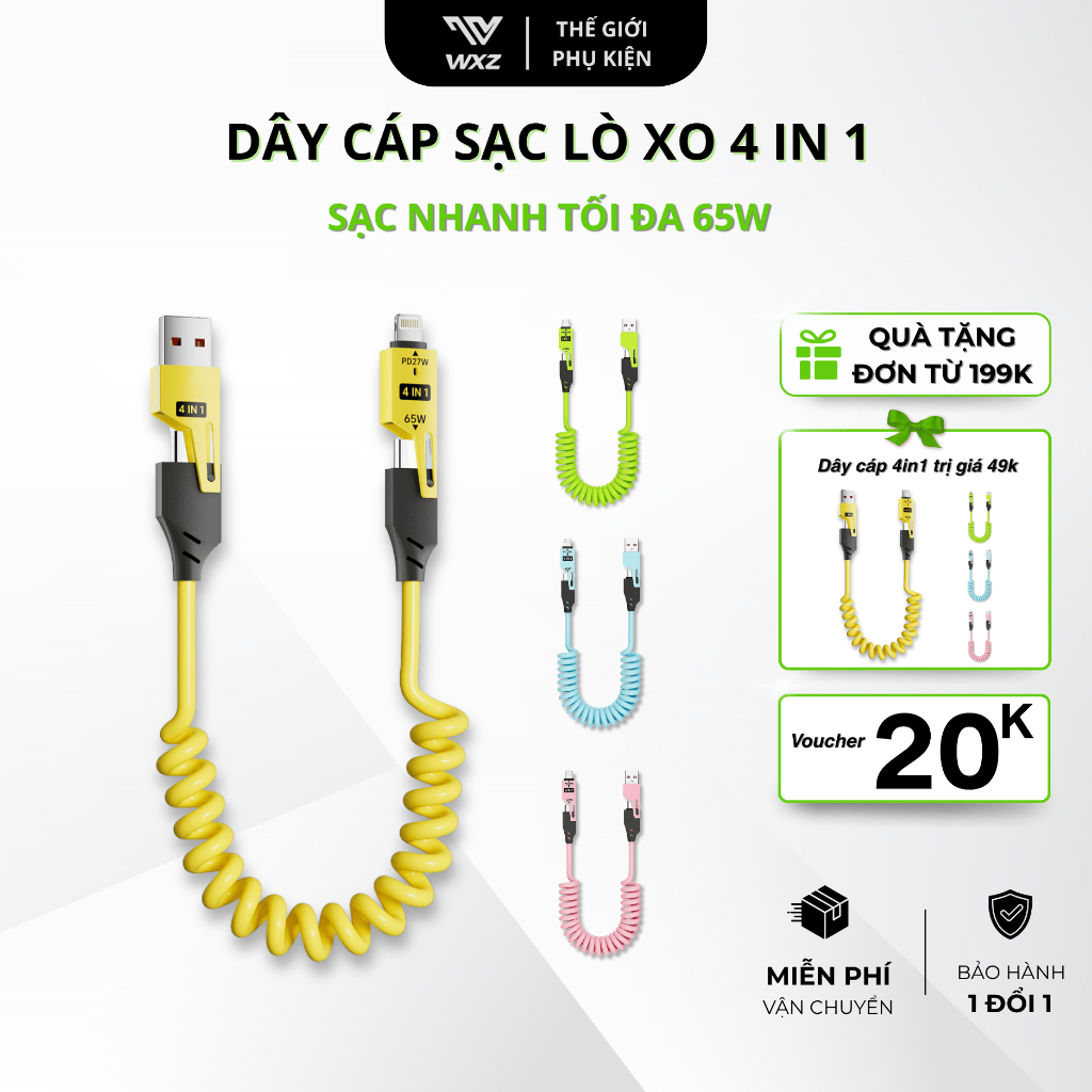 Dây Cáp Sạc Nhanh 4 Trong 1 Đa Năng Lò Xo Co Giãn 1.5m, Cáp Sạc TypeC to LN PD 27W, C to C 65W