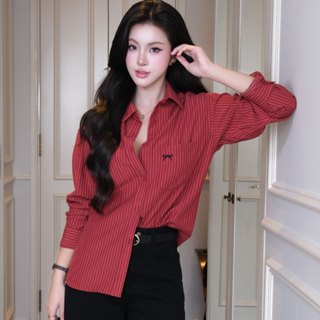  Áo sơ mi sọc nữ GILLEE  nhiều màu  dáng dài thêu nơ vải cotton cao cấp thoáng mát FAS384 