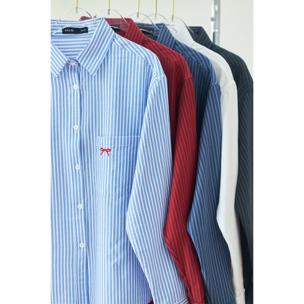 Áo sơ mi sọc nữ GILLEE (nhiều màu) dáng dài thêu nơ vải cotton cao cấp thoáng mát FAS384 | BigBuy360 - bigbuy360.vn