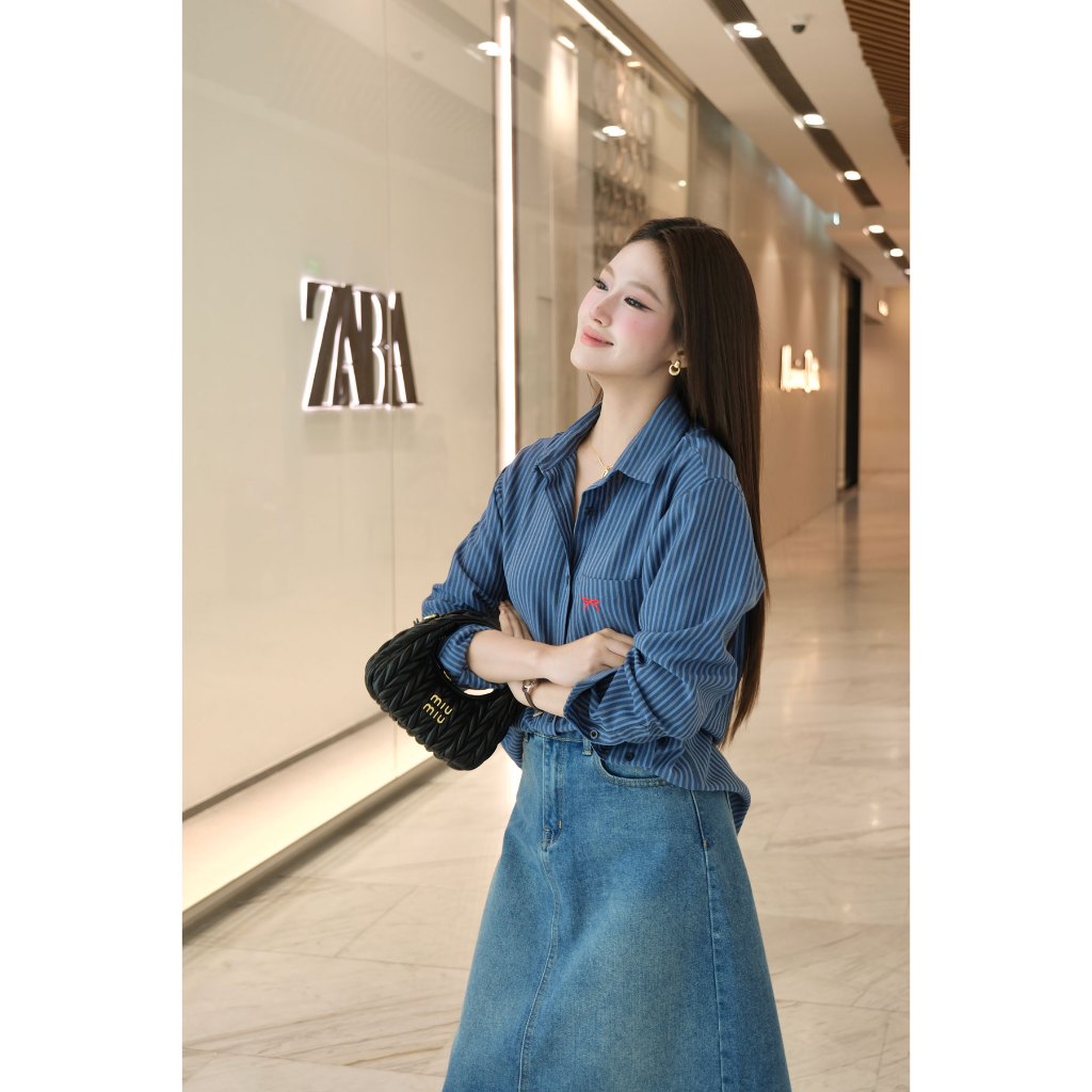Áo sơ mi sọc nữ GILLEE (nhiều màu) dáng dài thêu nơ vải cotton cao cấp thoáng mát FAS384 | BigBuy360 - bigbuy360.vn