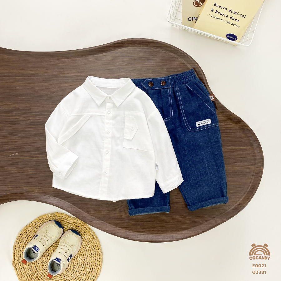 [COCANDY] -Áo dài TRẮNG sơ mi nẹp ngực và Quần dài jean XANH ĐẬM phối chỉ TRẮNG túi sườn E0021,Q4241