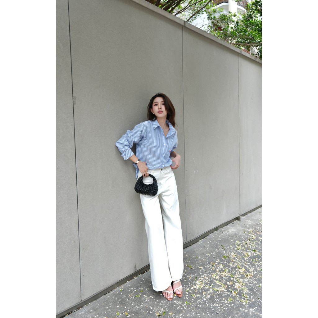 Áo sơ mi sọc nữ GILLEE (nhiều màu) dáng dài thêu nơ vải cotton cao cấp thoáng mát FAS384 | BigBuy360 - bigbuy360.vn