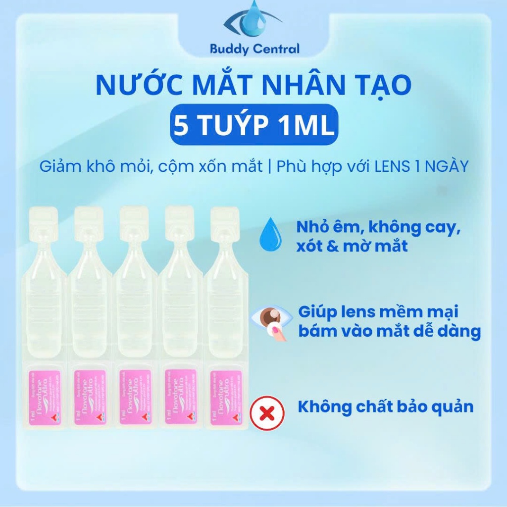 Nước nhỏ mắt lens, makeup Novotane vỉ 5 tuýp 5x1ml dưỡng ẩm, giảm khô mỏi mắt - Buddy Central