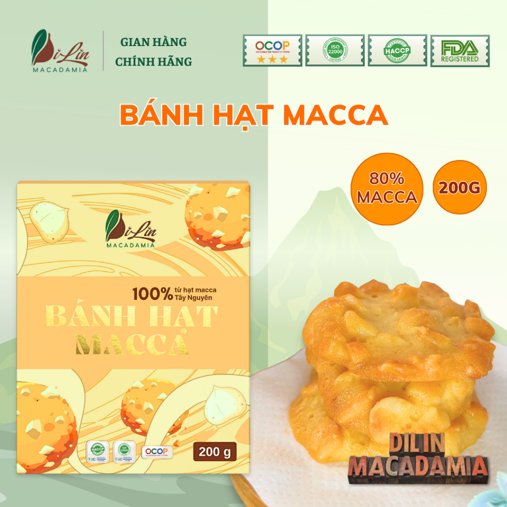 Bánh hạt macca DiLin, 80% hạt macca Tây Nguyên, bổ sung năng lượng | Macadamia nuts Cookies | 200gr
