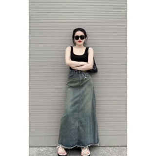  Chân váy jeans nữ dáng dài cạp cao xẻ tà tua gấu siêu xinh xắn đáng yêu cho mùa hè ED41 