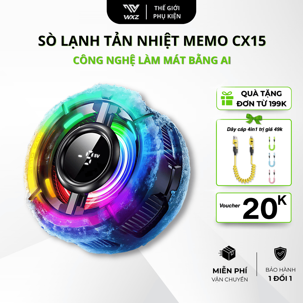 Quạt Tản Nhiệt Điện Thoại MEMO CX15 Pro AI Sò Lạnh Thế Hệ Mới, Làm Mát Âm Độ, Đèn LED RGB, Hỗ Trợ AI